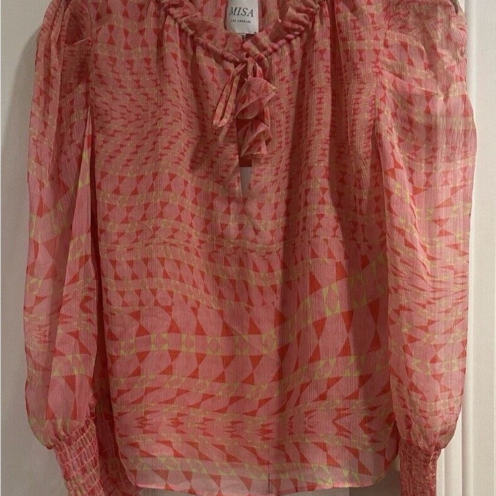 MISA Los Angeles Siena Top Blouse Size M, Light Pink Multi, Long Sleeves